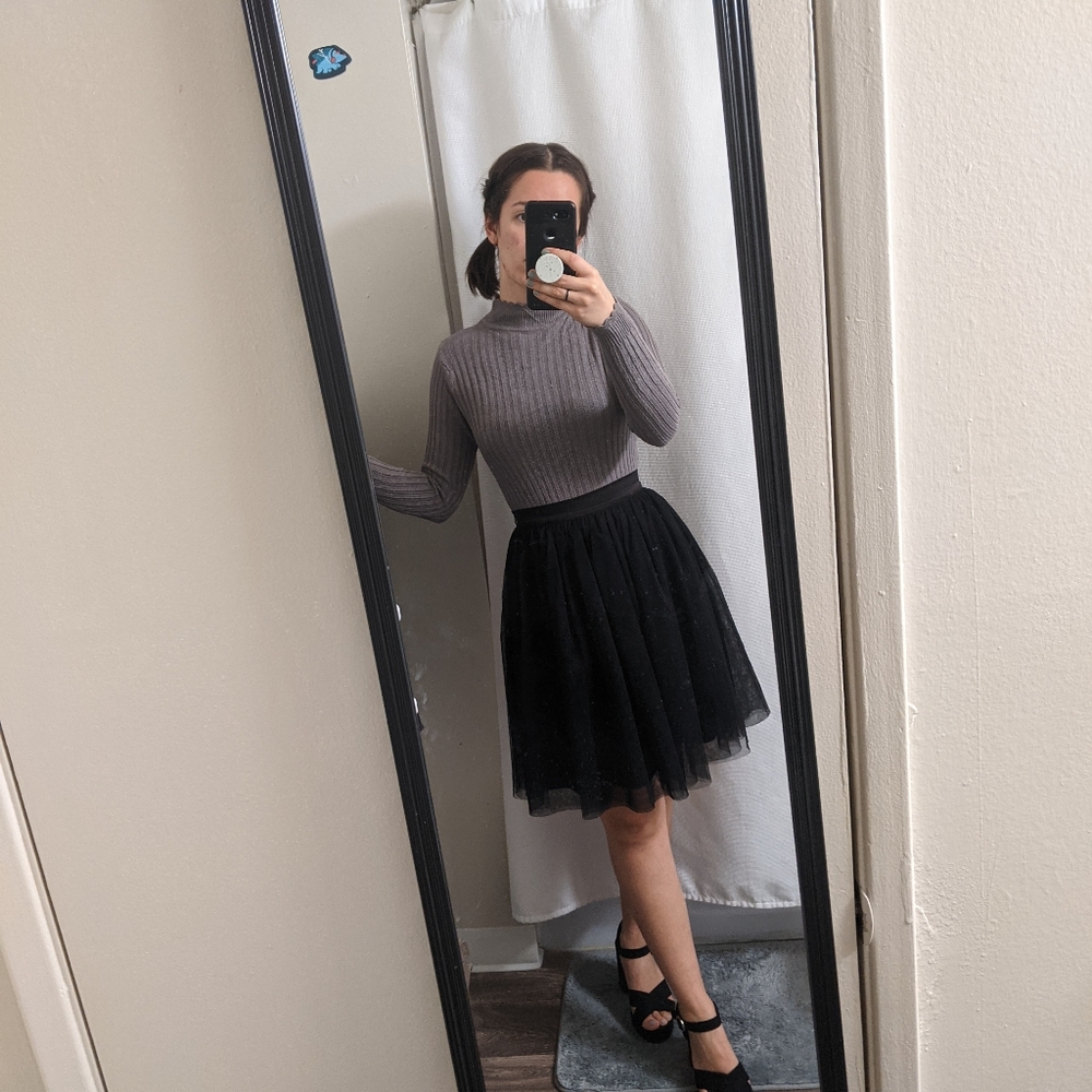 Grey turtleneck with cute lace neckline sleeves and hem